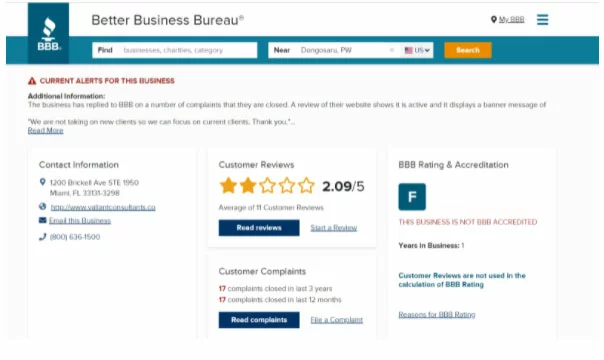 Valiant Consultants BBB Profile Rating And Most Recent Review
