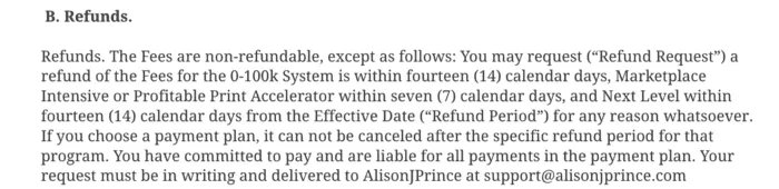 Does Alison J Prince Offer A Refund Policy