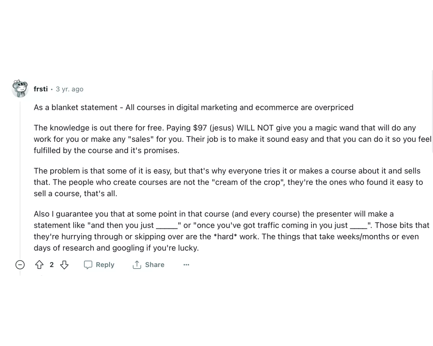 A negative Reddit review for the course.
