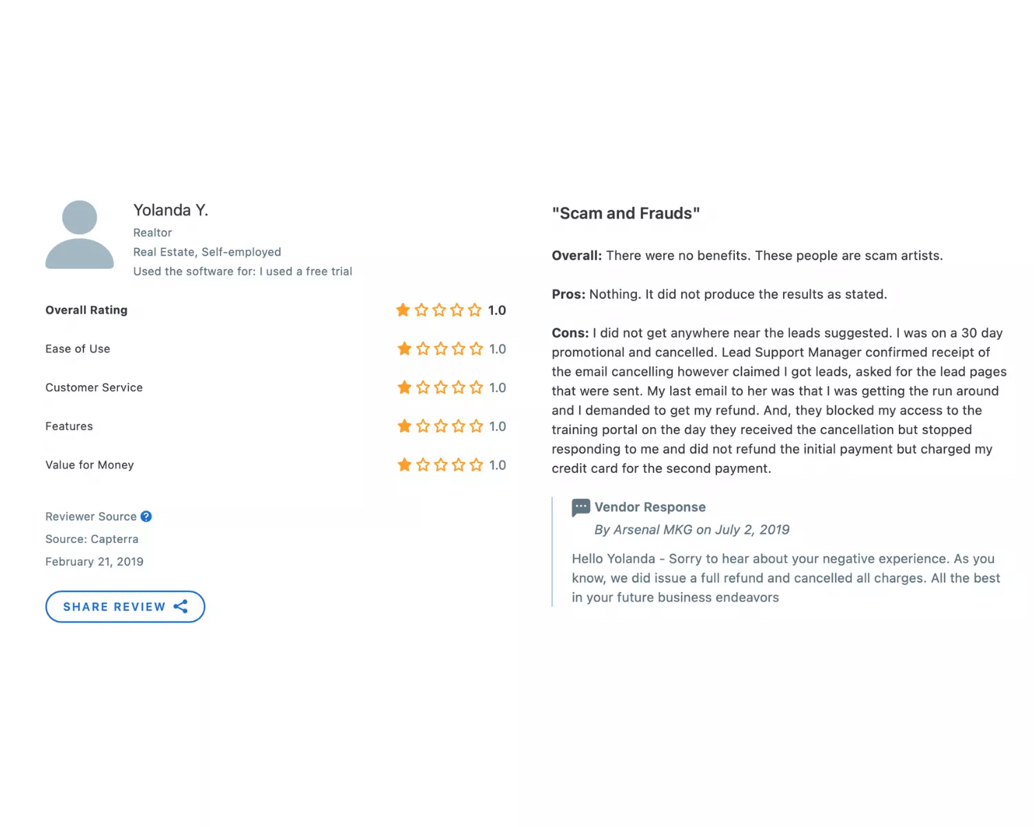 A negative review for Arsenal MKG on Capterra.