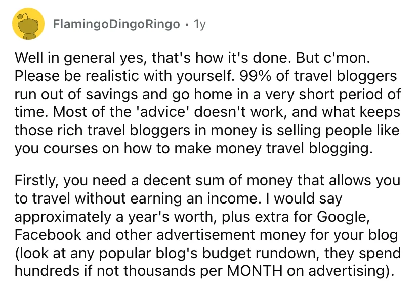 A Reddit comment on travel blogging in general