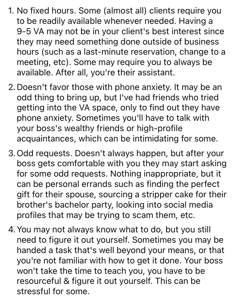 A Reddit comment on the bad sides of being a virtual assistant