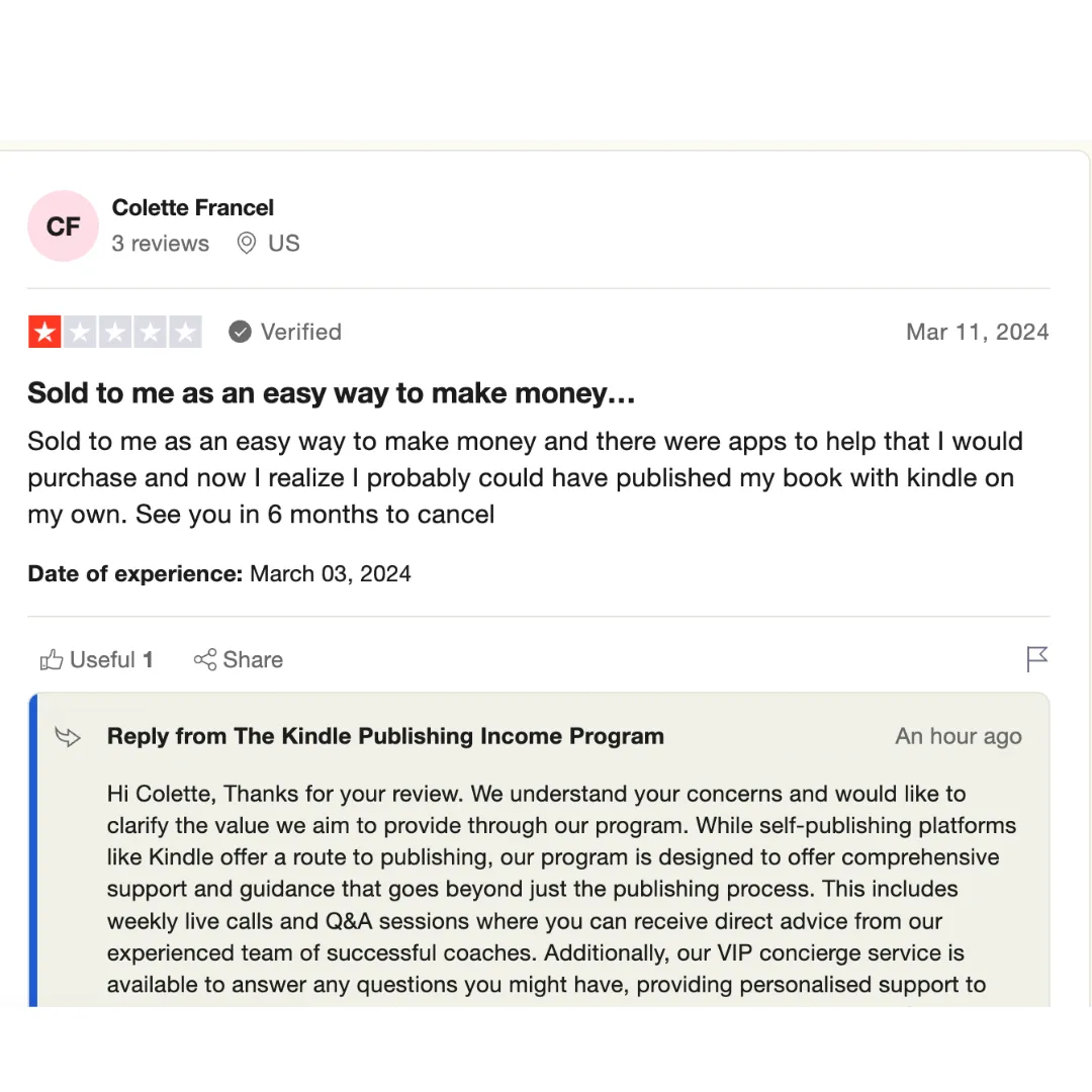 A bad review for Kindle Publishing Income, with a response from Sophie's team