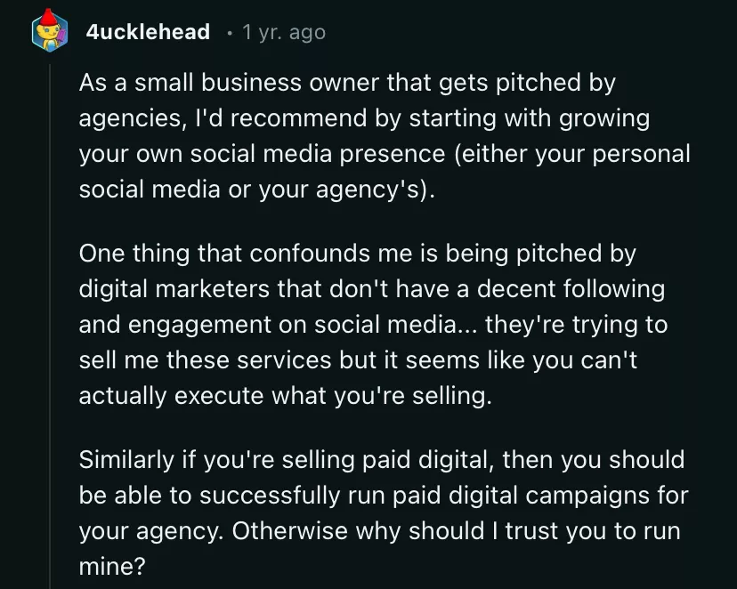 A small business owner on Reddit highlighting the problems with most agencies