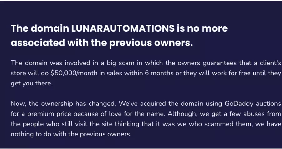 A change of ownership announcement from Lunar Automations