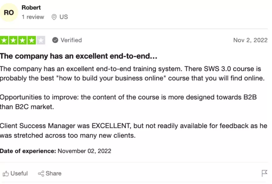 A positive review, with a comment about the client success manager.